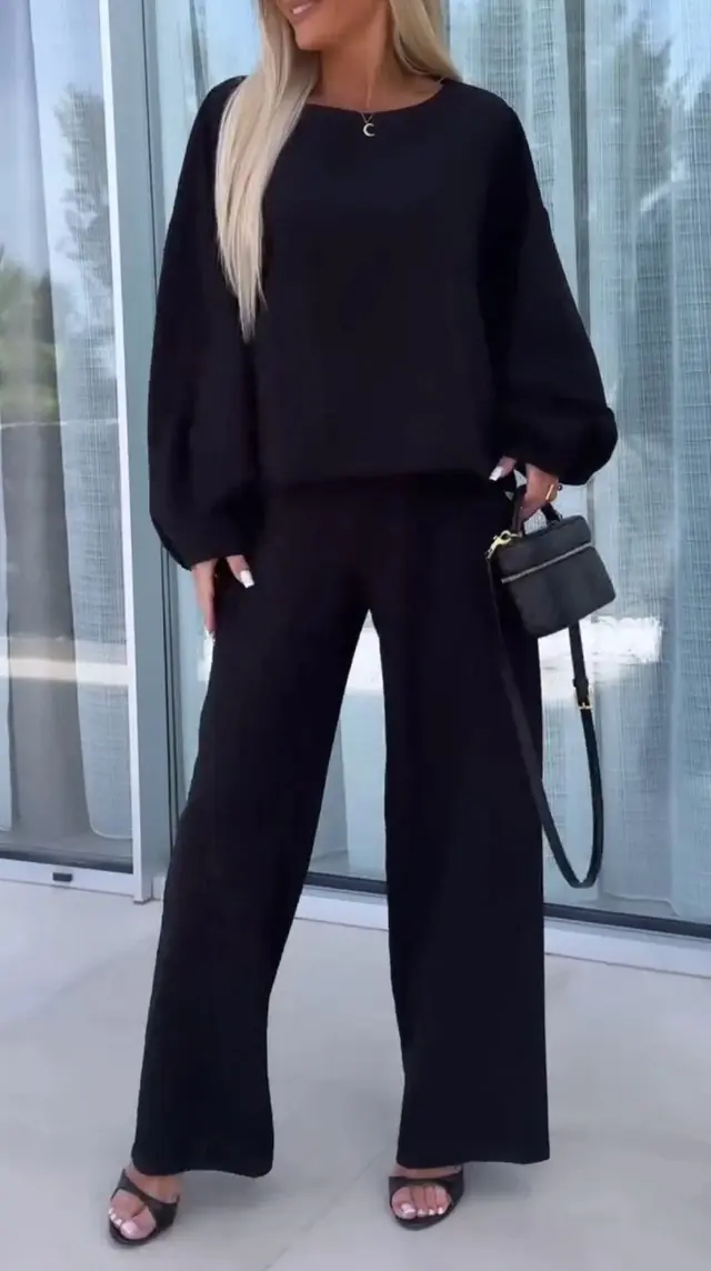 Women's Solid Color Round Neck Long Sleeve Elastic Waist Pants Two piece Suit Black - Shop at LoveMi