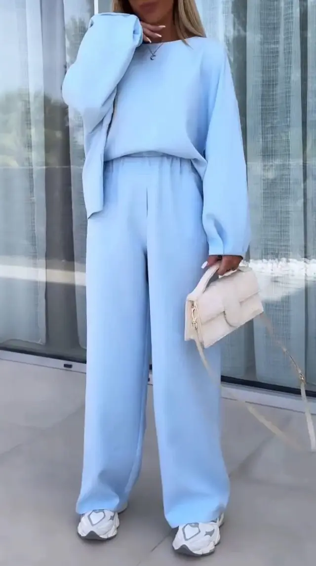 Women's Solid Color Round Neck Long Sleeve Elastic Waist Pants Two piece Suit Blue - Shop at LoveMi