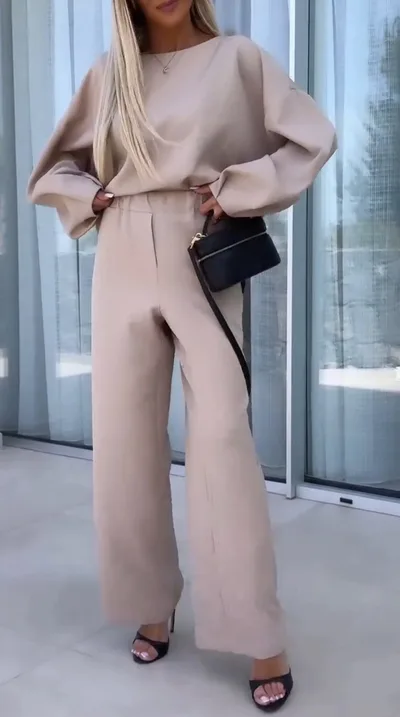 Women's Solid Color Round Neck Long Sleeve Elastic Waist Pants Two piece Suit Khaki - Shop at LoveMi