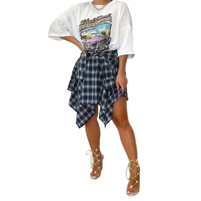 Women's Fashion Irregular Plaid Tied Sleeve Fake Shirt Skirt Dark Blue - Shop at LoveMi