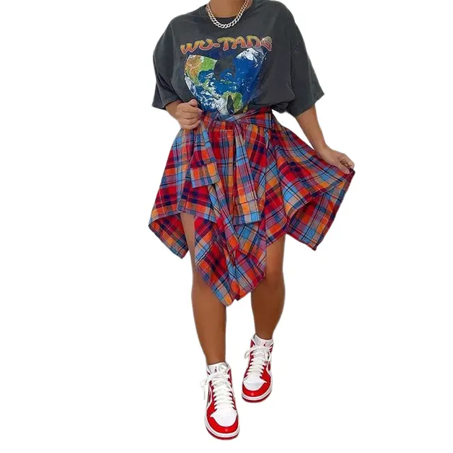 Women's Fashion Irregular Plaid Tied Sleeve Fake Shirt Skirt Multicolor - Shop at LoveMi