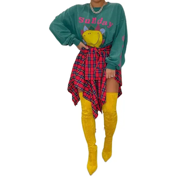 Women's Fashion Irregular Plaid Tied Sleeve Fake Shirt Skirt Red - Shop at LoveMi