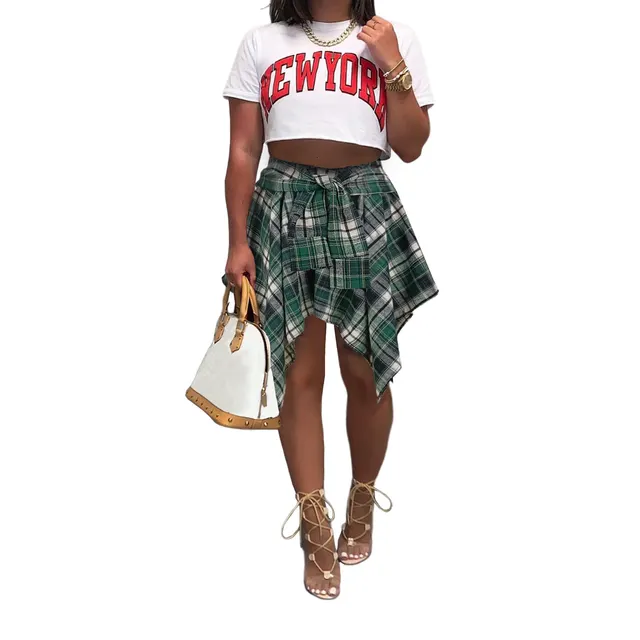 Women's Fashion Irregular Plaid Tied Sleeve Fake Shirt Skirt White Green - Shop at LoveMi