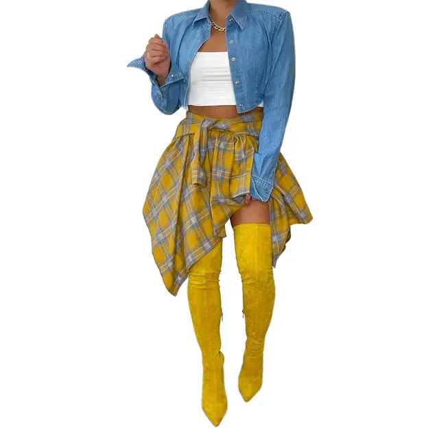 Women's Fashion Irregular Plaid Tied Sleeve Fake Shirt Skirt Yellow Blue - Shop at LoveMi