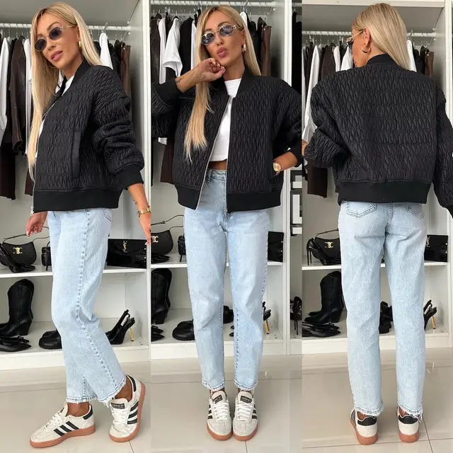 Solid Color Embroidery Short Zip Cotton Coat Jacket Black - Shop at LoveMi