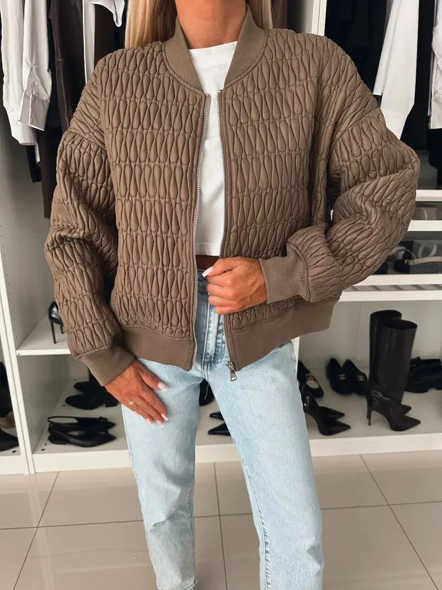 Solid Color Embroidery Short Zip Cotton Coat Jacket Brown - Shop at LoveMi