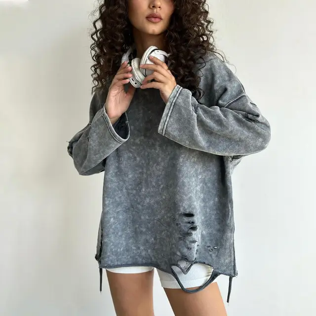 Women's Ripped Crew Neck Sweater Coat T4250 Gray - Shop at LoveMi