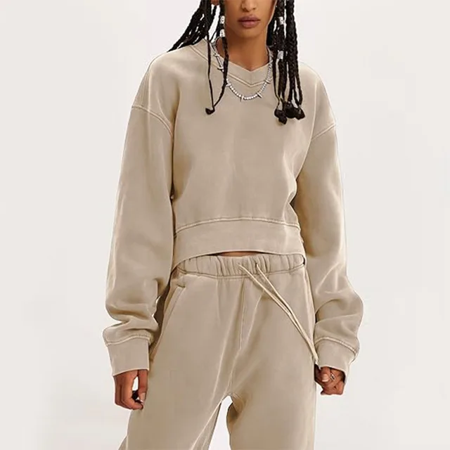 Women's V neck Long sleeved Midriff Outfit Sweatshirt Lace up Sports Trousers Khaki - Shop at LoveMi
