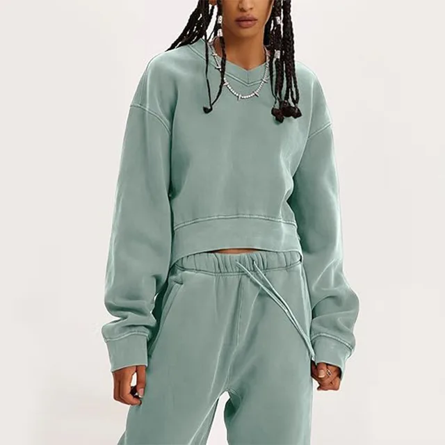 Women's V neck Long sleeved Midriff Outfit Sweatshirt Lace up Sports Trousers Pea Green - Shop at LoveMi