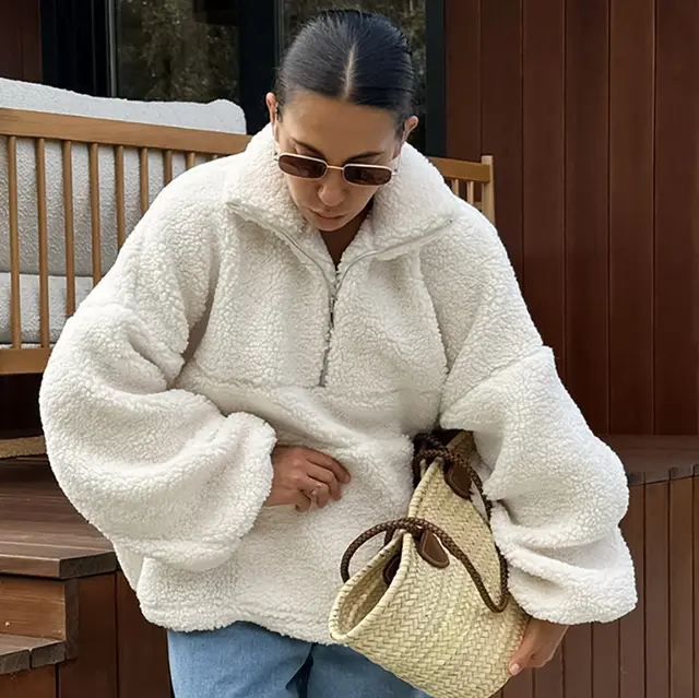 Stand Collar Beige Fleece Sweatshirt Beige - Shop at LoveMi