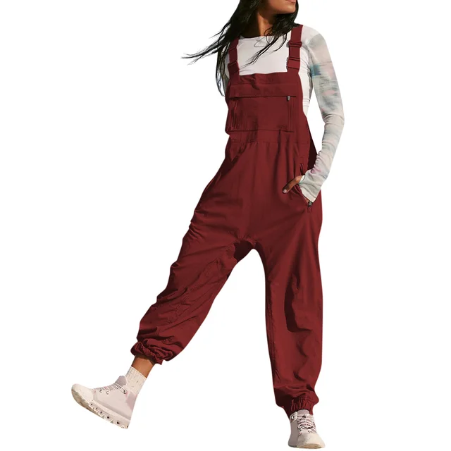 Working Bib Top Pants Fashion Leisure Tappered Jumpsuit Wine Red - Shop at LoveMi