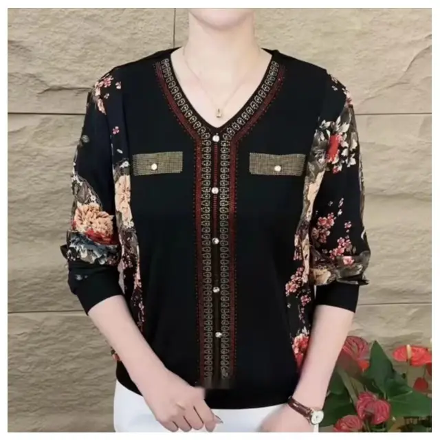 Women's Long sleeved T shirt V neck Rhinestone Mom Wear Loose Belly covering Slimming Top Black - Shop at LoveMi