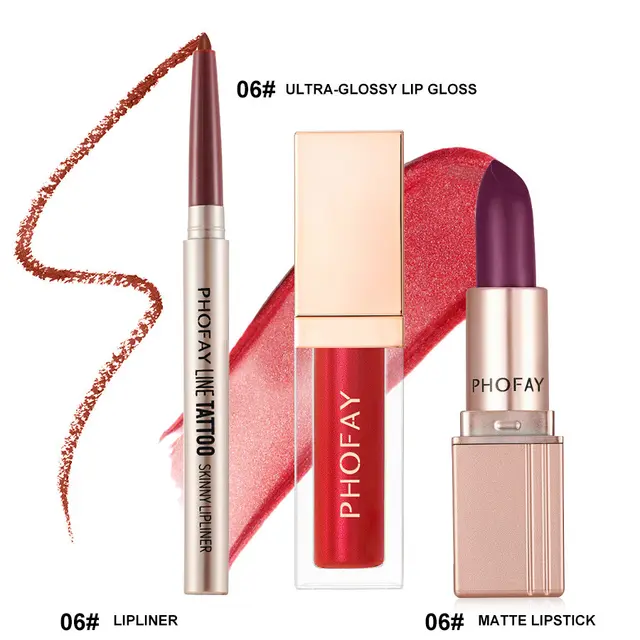 PHOFAY Ultra Glossy Lip Gloss Matte Lipstick Lipliner 06Set - Shop at LoveMi