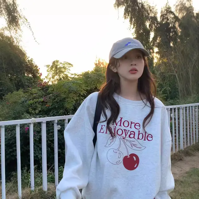 Cute Loose Fleece lined Cherry Print Round Neck Long Sleeve Top White And Gray - Shop at LoveMi