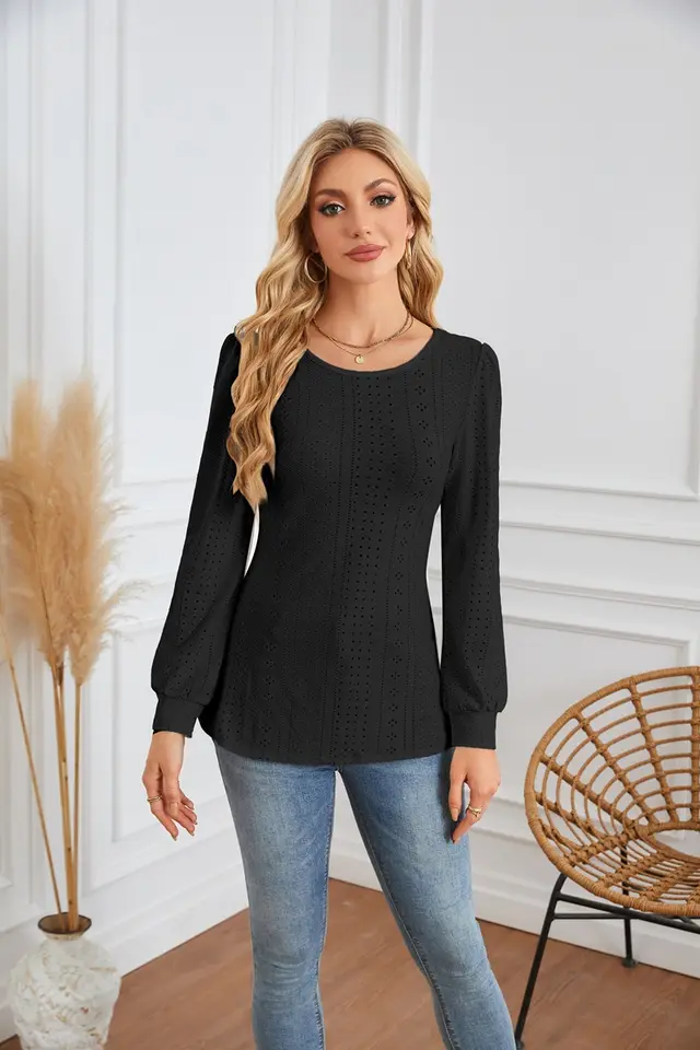 Round Neck Small Hole Bubble Sleeve Long Sleeve Top Black - Shop at LoveMi