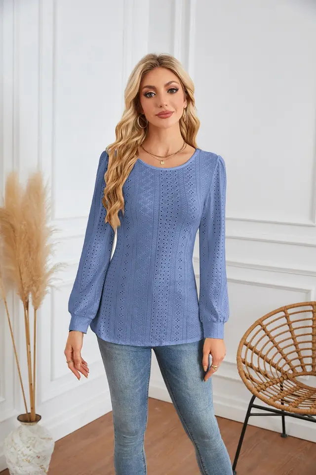 Round Neck Small Hole Bubble Sleeve Long Sleeve Top Blue - Shop at LoveMi
