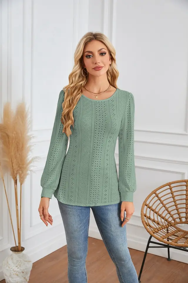Round Neck Small Hole Bubble Sleeve Long Sleeve Top Green - Shop at LoveMi