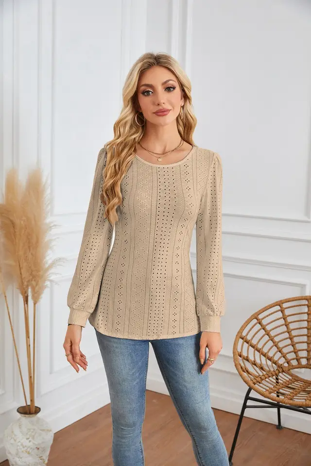 Round Neck Small Hole Bubble Sleeve Long Sleeve Top Khaki - Shop at LoveMi