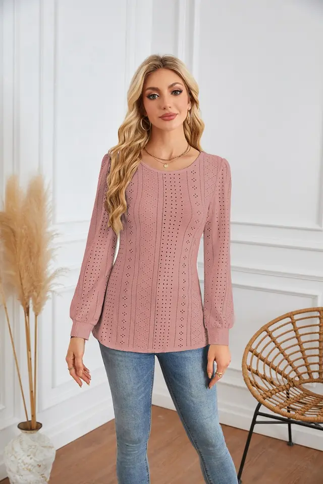 Round Neck Small Hole Bubble Sleeve Long Sleeve Top Pink - Shop at LoveMi
