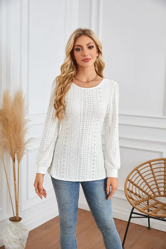 Round Neck Small Hole Bubble Sleeve Long Sleeve Top White - Shop at LoveMi