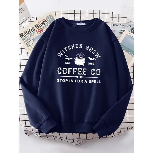 Witches Make Coffee Straight Letter Hoodie Letter Print Darkblue - Shop at LoveMi