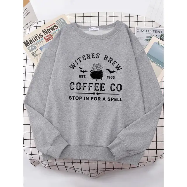 Witches Make Coffee Straight Letter Hoodie Letter Print Gray - Shop at LoveMi