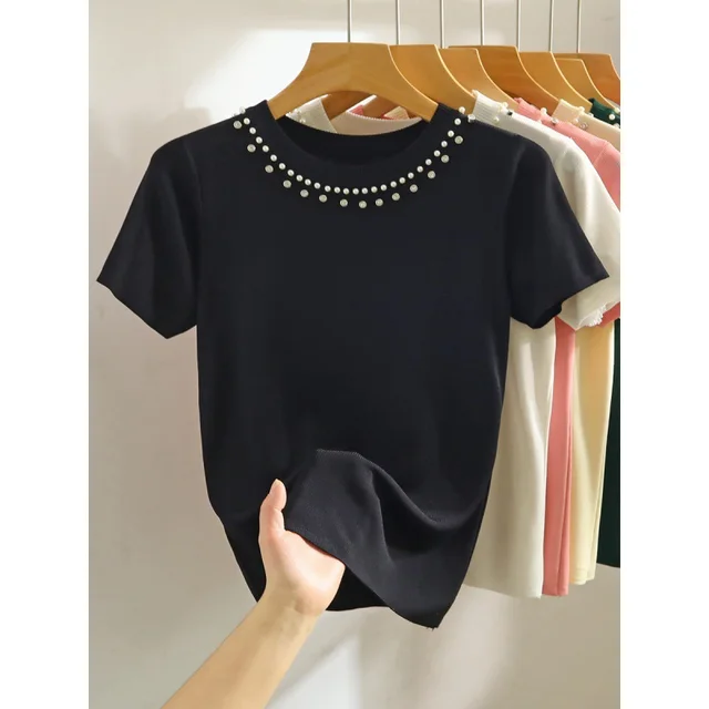 White Shoulder Short sleeved T shirt Heavy Industry Beads Knitted Short Top Black - Shop at LoveMi