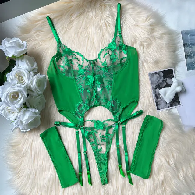 Three point European And American Style Underwear Mesh Embroidery See through Suit Green - Shop at LoveMi