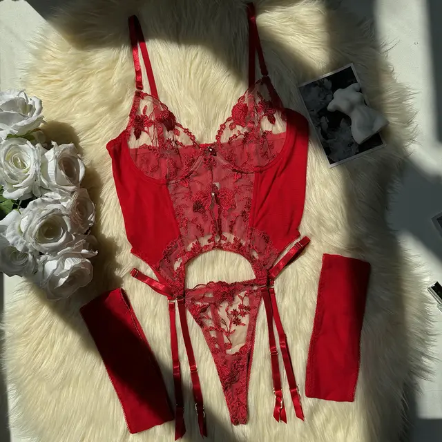 Three point European And American Style Underwear Mesh Embroidery See through Suit Red - Shop at LoveMi