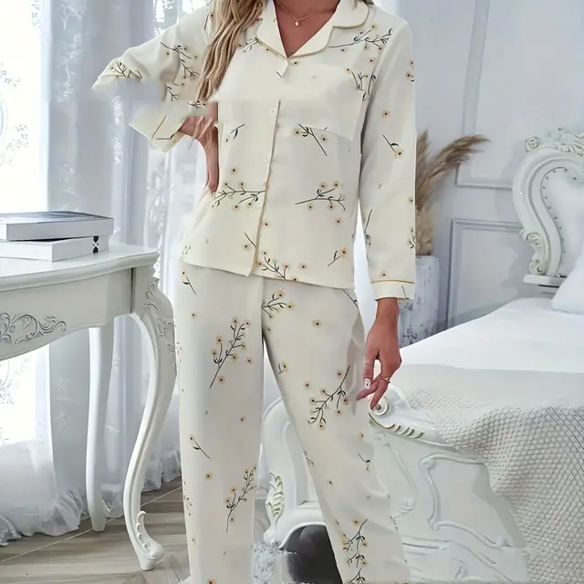 Spring And Autumn Home Lapel Button Leaf Printed Pajamas Two piece Set White - Shop at LoveMi