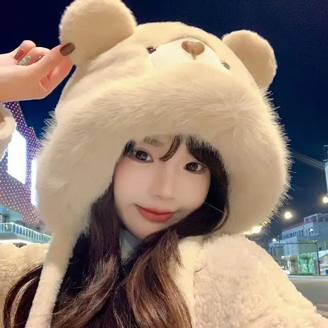 Plush Bear Hat Gloves For Women Autumn And Winter Beige Hat - Shop at LoveMi