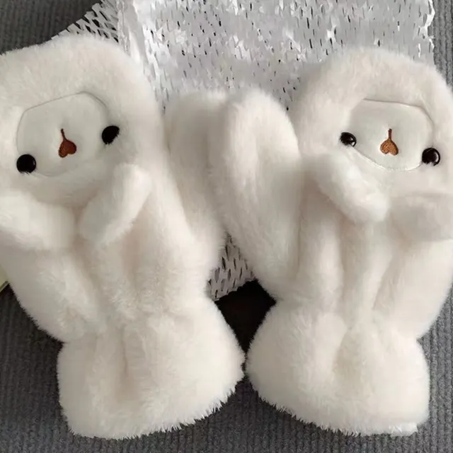 Plush Bear Hat Gloves For Women Autumn And Winter Milky White Gloves - Shop at LoveMi