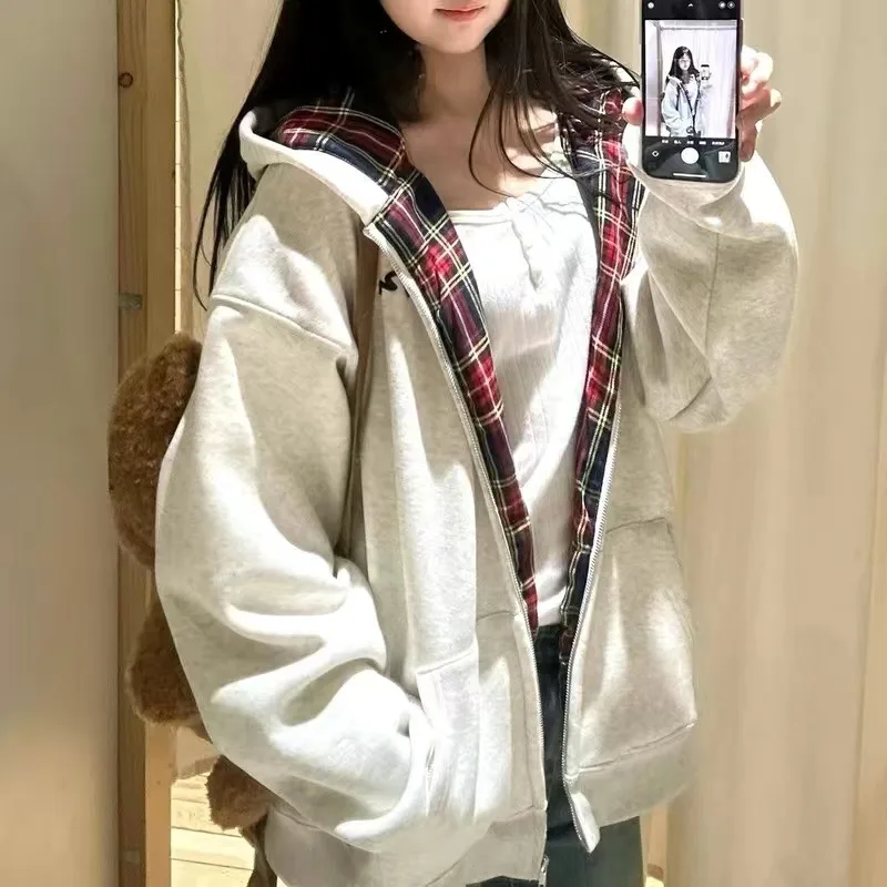 Retro Plaid Hooded Sweater For Women Fleece-lined - Gray With Velvet - View 1