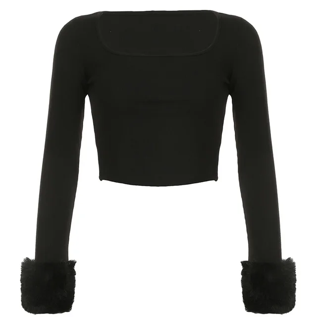 Square Collar Sexy Short Furry Long sleeved T shirt Solid Color Off Navel Knitted Top Black - Shop at LoveMi