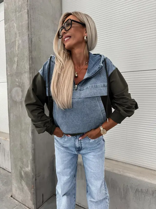 Fashion Loose Casual Washing Denim Stitching Hooded Women's Sweater Army Green - Shop at LoveMi