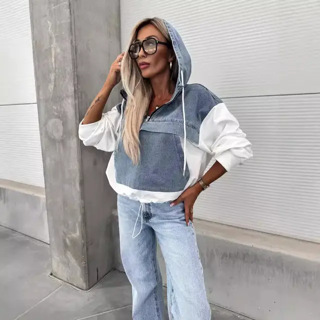 Fashion Loose Casual Washing Denim Stitching Hooded Women's Sweater White - Shop at LoveMi