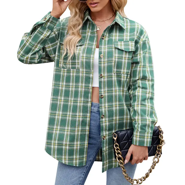 Casual Fashion Loose Plaid Pocket Shirt For Women Light Green - Shop at LoveMi