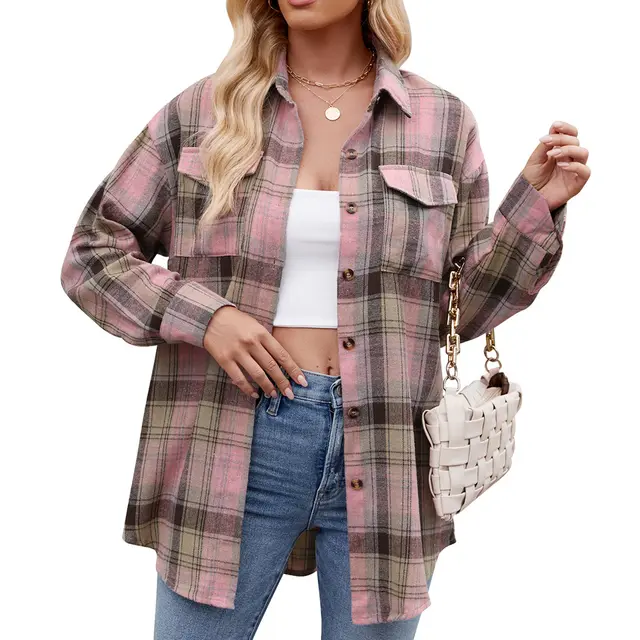 Casual Fashion Loose Plaid Pocket Shirt For Women Light Pink - Shop at LoveMi