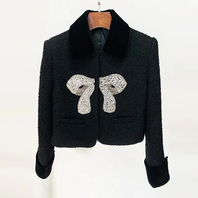 Autumn And Winter New Bow Beaded Jacket Coat Black - Shop at LoveMi