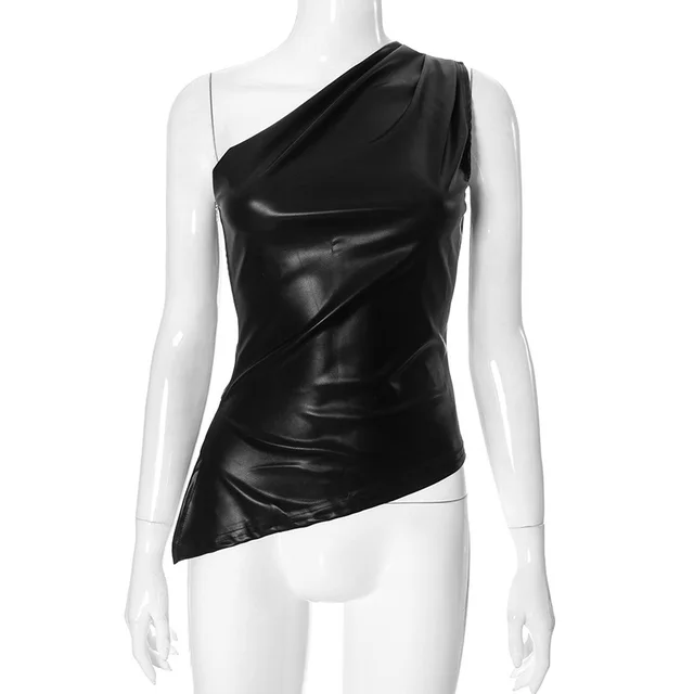 Solid Color Sleeveless One shoulder Diagonal Collar Zipper T shirt Top For Women Black - Shop at LoveMi