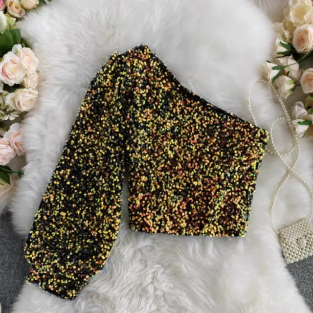 Sparkling Glitter T shirt Long Sleeved Top For Women Golden - Shop at LoveMi