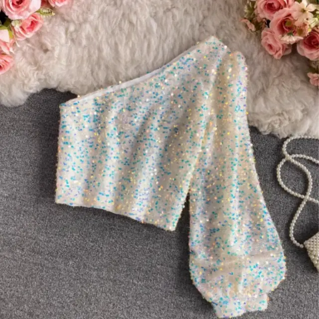 Sparkling Glitter T shirt Long Sleeved Top For Women White - Shop at LoveMi