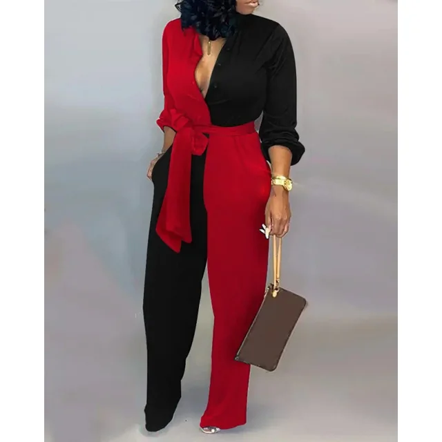 European And American Printed Button Loose Long Sleeve Tied High Waist Casual Straight leg Jumpsuit Red And Black - Shop at LoveMi