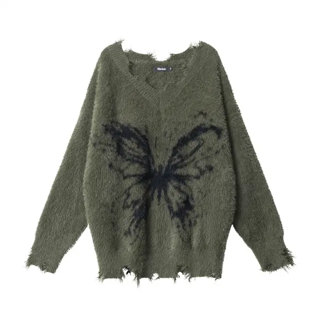 Women's Fashion Butterfly Sweater Loose Top Green - Shop at LoveMi