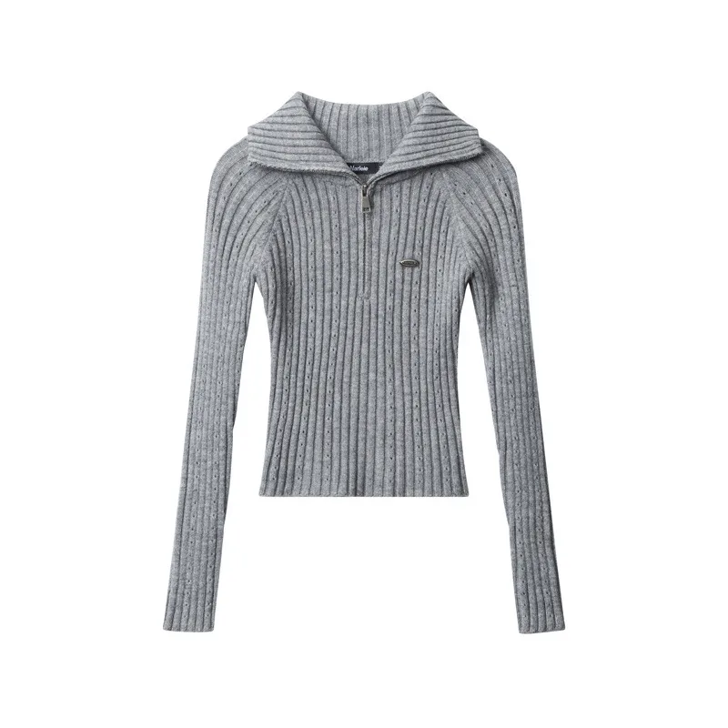 Women's Striped Knitted Cardigan Slim Top - Flower Gray - View 1