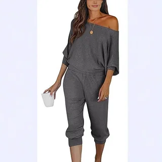 Off-the-shoulder Long Sleeve Pullover Fashion Casual Dungarees - Dark Gray
