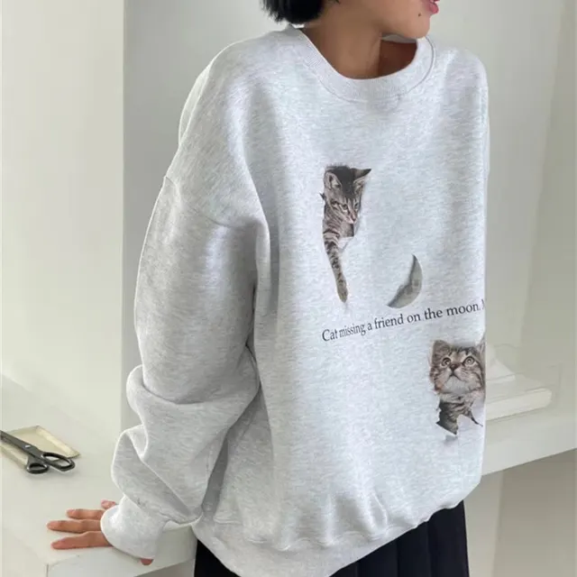 Niche Design Cat Printing Simple Cute Thermal Round neck Sweater White And Gray - Shop at LoveMi