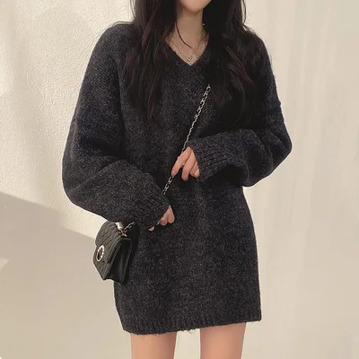 Wind V neck Soft Glutinous Loose Small Knitted Dress Sweater Dark Gray Grey - Shop at LoveMi
