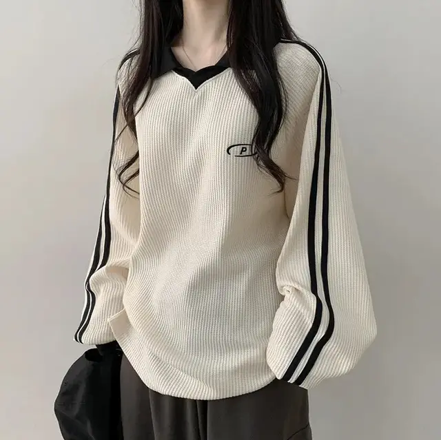 Black Waffle Korean Style Polo Collar Vintage Sweater 60283 Beige Plus Velvet Model - Shop at LoveMi
