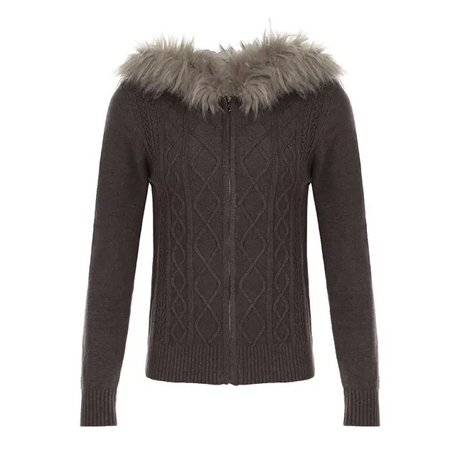 Retro Twist Zipper Cardigan Sweater Slim Fit Brown - Shop at LoveMi